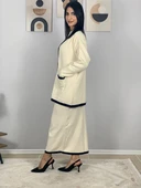 Kadın Şerit Detaylı Gold Düğmeli Oversize Hırka Etek Takım (Krem) - 5