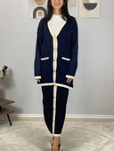 Kadın Şerit Detaylı Gold Düğmeli Oversize Hırka Etek Takım (Lacivert) - 4