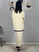 Kadın Şerit Detaylı Gold Düğmeli Oversize Hırka Etek Takım (Krem) - 6