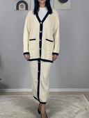 Kadın Şerit Detaylı Gold Düğmeli Oversize Hırka Etek Takım (Krem) - 3