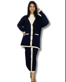 Kadın Şerit Detaylı Gold Düğmeli Oversize Hırka Etek Takım (Siyah) - 1