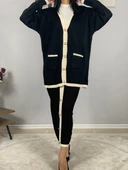 Kadın Şerit Detaylı Gold Düğmeli Oversize Hırka Etek Takım (Siyah) - 4