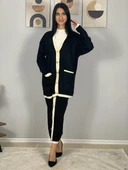 Kadın Şerit Detaylı Gold Düğmeli Oversize Hırka Etek Takım (Siyah) - 2