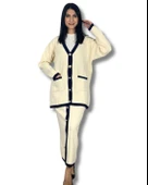 Kadın Şerit Detaylı Gold Düğmeli Oversize Hırka Etek Takım (Krem) - 1