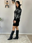 Kadın Baklava  Desenli Etekli Alt Üst Triko Takım (Siyah) thumbnail 4