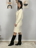 Kadın Gold Düğmeli Triko Pileli Etek Hırka Takım (Krem) - 4