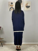 Kadın Şerit Detaylı Gold Düğmeli Oversize Hırka Etek Takım (Lacivert) - 5