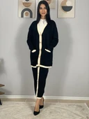 Kadın Şerit Detaylı Gold Düğmeli Oversize Hırka Etek Takım (Siyah) - 5