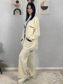 Kadın Şerit Detaylı Gold Düğmeli Oversize Hırka Pantolon Takım (Krem) thumbnail 5