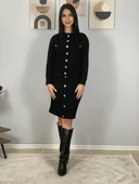 Kadın Gold Düğmeli Triko Pileli Etek Hırka Takım (Siyah) thumbnail 2