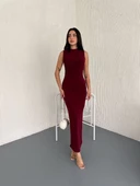 Yandan Buzgulu Kolsuz Yırtmaçlı Uzun Elbise - Bordo - 5