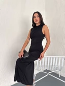 Yandan Buzgulu Kolsuz Yırtmaçlı Uzun Elbise - Siyah - 4