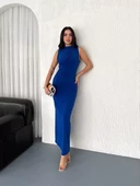 Yandan Buzgulu Kolsuz Yırtmaçlı Uzun Elbise - Mavi - 3
