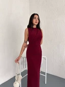 Yandan Buzgulu Kolsuz Yırtmaçlı Uzun Elbise - Bordo - 3