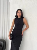 Yandan Buzgulu Kolsuz Yırtmaçlı Uzun Elbise - Siyah - 5