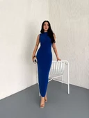 Yandan Buzgulu Kolsuz Yırtmaçlı Uzun Elbise - Mavi - 4