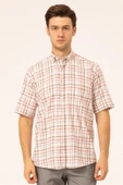 Süvari Bol Kesim Kırmızı Desenli Cepli Tam Pamuk Erkek Kısa Kollu Gömlek - 1