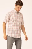 Süvari Bol Kesim Kırmızı Desenli Cepli Tam Pamuk Erkek Kısa Kollu Gömlek - 2
