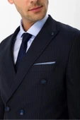 Süvari Dar Kesim Çizgili Lacivert Kruvaze Takım Elbise - 4