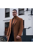 Süvari Slim Fit Kırlangıç Yaka Kahverengi Erkek Kaşe Kaban - 1