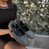 Elise Siyah Süet Gümüş Boncuk İşlemeli Babet Ayakkabı thumbnail 4