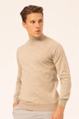 Süvari Yün Akrilik Düz Yarım Balıkçı Bej Erkek Triko - 2