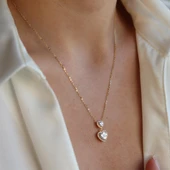 İkili Kalp Gold Gümüş Kolye thumbnail 1