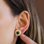 Yuvarlak Gold Yeşil Taşlı Gold Gümüş Küpe thumbnail 1