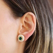 Yuvarlak Gold Yeşil Taşlı Gold Gümüş Küpe thumbnail 2