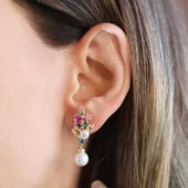 İncili Renkli Taşlı Gold Gümüş Küpe thumbnail 2