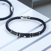 Taşlı Örgü Deri Çelik Bileklik thumbnail 2