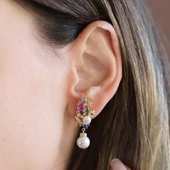 İncili Renkli Taşlı Gold Gümüş Küpe thumbnail 3