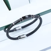 Taşlı Örgü Deri Çelik Bileklik thumbnail 4