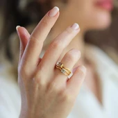 Taşlı Trend Ayarlanabilir Gold Gümüş Yüzük thumbnail 2