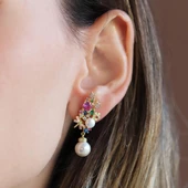 İncili Renkli Taşlı Gold Gümüş Küpe thumbnail 1