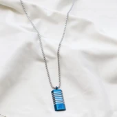 Dikdörtgen Lacivert Çizgili Erkek Çelik Kolye thumbnail 4