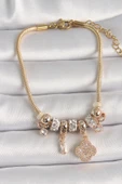 316L Çelik Gold Renk Zincir Sallantı Zirkon Taşlı Yonca Figür Kadın Bileklik - TJ-BB6700 - 1