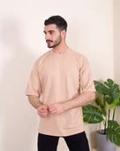 Erkek Oversize Fit %100 Organik Pamuk Kalın Dokulu Bisiklet Yakalı BEJ T-shirt thumbnail 1