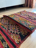 74x163 cm Pıtrak Desenli Renkli Türk Kilimi, Küçük Boy El Dokuma Yün Kilim, Harika Motifli Bohem Tarzı Kilim - 8