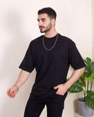 Erkek Oversize Fit %100 Organik Pamuk Kalın Dokulu Bisiklet Yakalı SİYAH T-SHİRT thumbnail 2