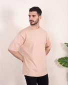 Erkek Oversize Fit %100 Organik Pamuk Kalın Dokulu Bisiklet Yakalı BEJ T-shirt thumbnail 2