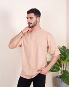 Erkek Oversize Fit %100 Organik Pamuk Kalın Dokulu Bisiklet Yakalı BEJ T-shirt thumbnail 3