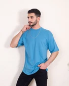 Erkek Oversize Fit %100 Organik Pamuk Kalın Dokulu Bisiklet Yakalı MAVİ T-SHİRT thumbnail 1