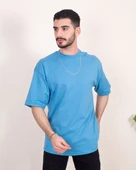 Erkek Oversize Fit %100 Organik Pamuk Kalın Dokulu Bisiklet Yakalı MAVİ T-SHİRT thumbnail 2