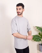 Erkek Oversize Fit %100 Organik Pamuk Kalın Dokulu Bisiklet Yakalı GRİ T-SHİRT thumbnail 3