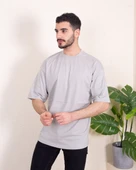 Erkek Oversize Fit %100 Organik Pamuk Kalın Dokulu Bisiklet Yakalı GRİ T-SHİRT thumbnail 2