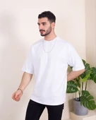 Erkek Oversize Fit %100 Organik Pamuk Kalın Dokulu Bisiklet Yakalı BEYAZ T-SHİRT thumbnail 3