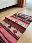 60x122 cm Pembe Pıtrak Desenli Vintage Kilim, El Dokuma Pembe Dekoratif Koridor Kilimi, Bohem Tarzı Küçük Yolluk - 4
