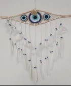 Düş Kapanı 3 Göz Makrome Dreamcatcher Bambu Nazarlı Beyaz Kuş Tüyü Rüya Kapanı Duvar Süsü Elişi - 2