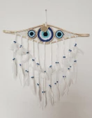 Düş Kapanı 3 Göz Makrome Dreamcatcher Bambu Nazarlı Beyaz Kuş Tüyü Rüya Kapanı Duvar Süsü Elişi - 1